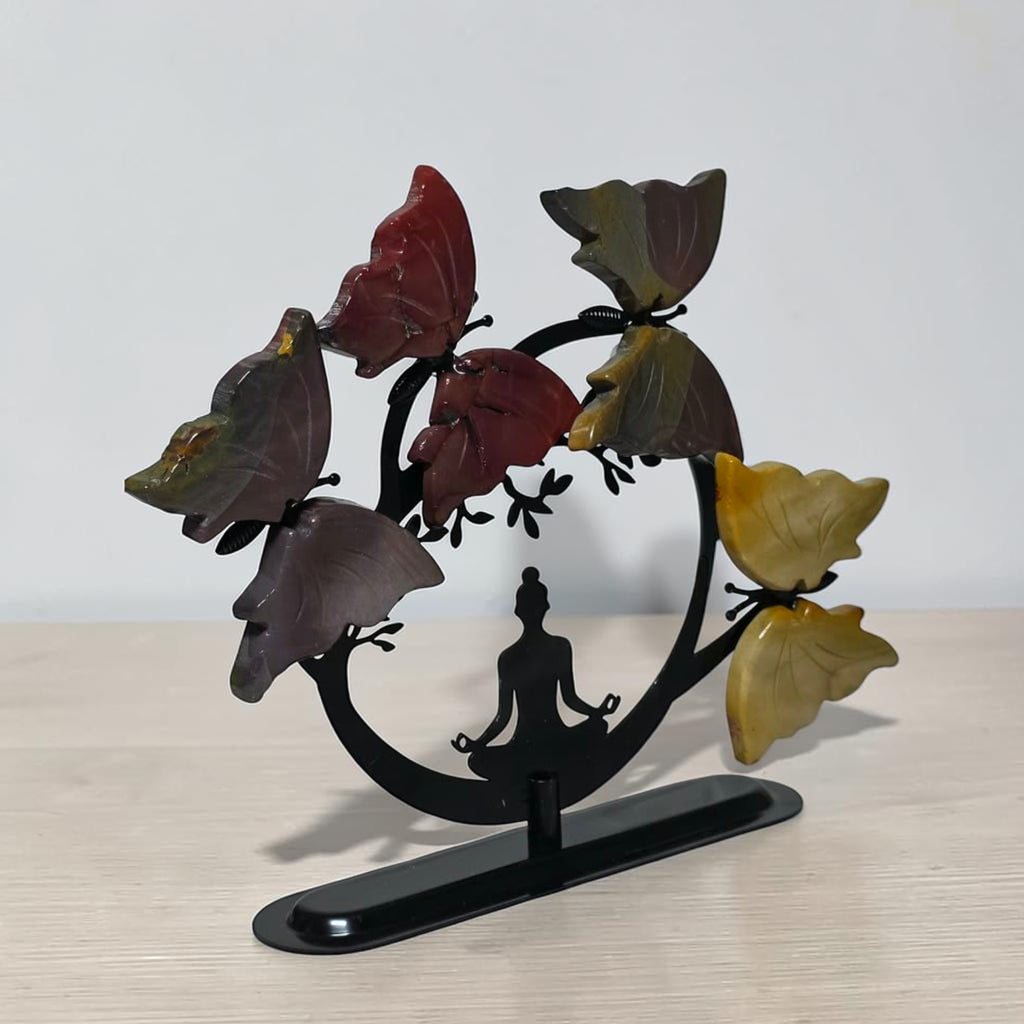 Side view of Mookaite butterfly tree and black meditation stand