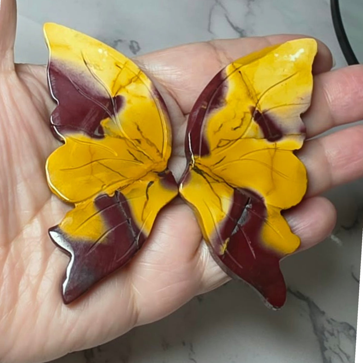 Close view of polished Mookaite Jasper butterfly wings in a hand