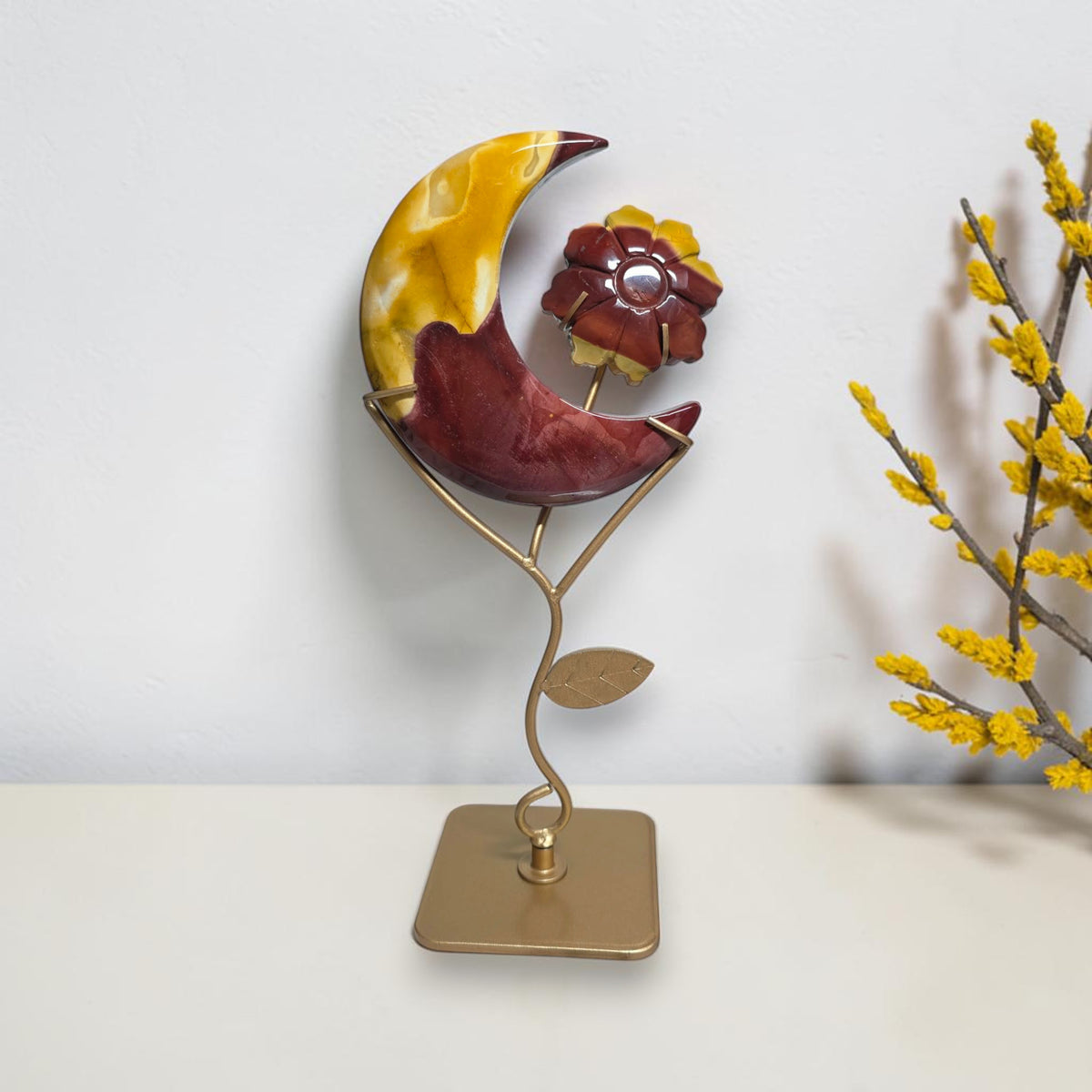 Mookaite Jasper crescent moon and flower on gold tone display stand
