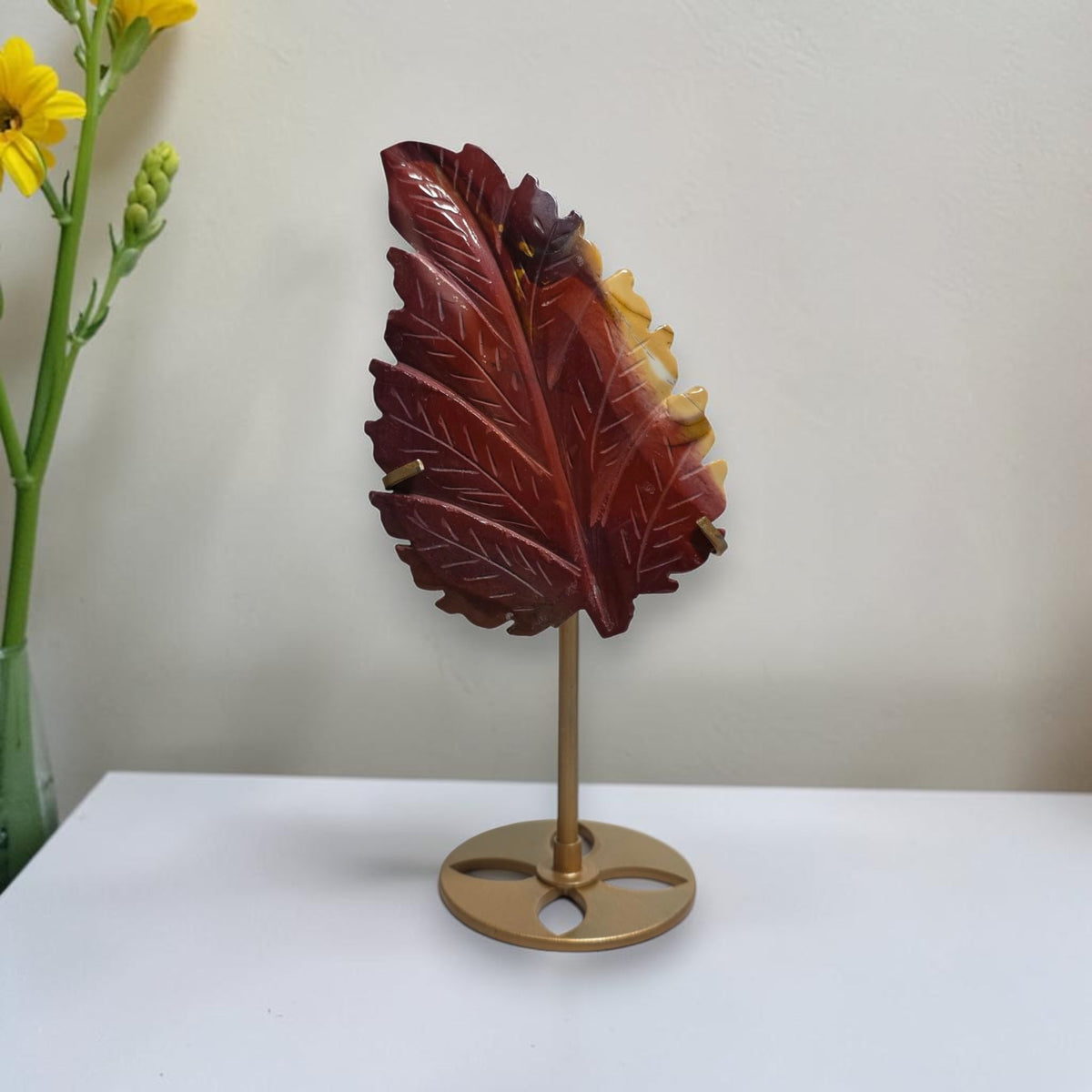 Yellow Mookaite Jasper Leaf on Stand