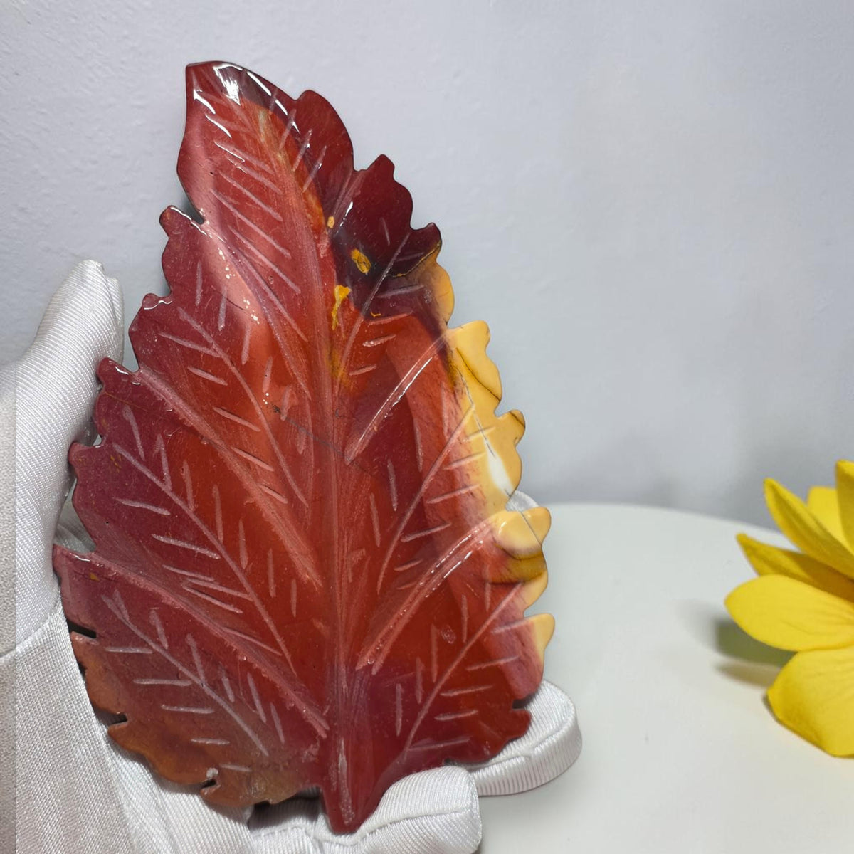 Yellow Mookaite Jasper Leaf on Stand