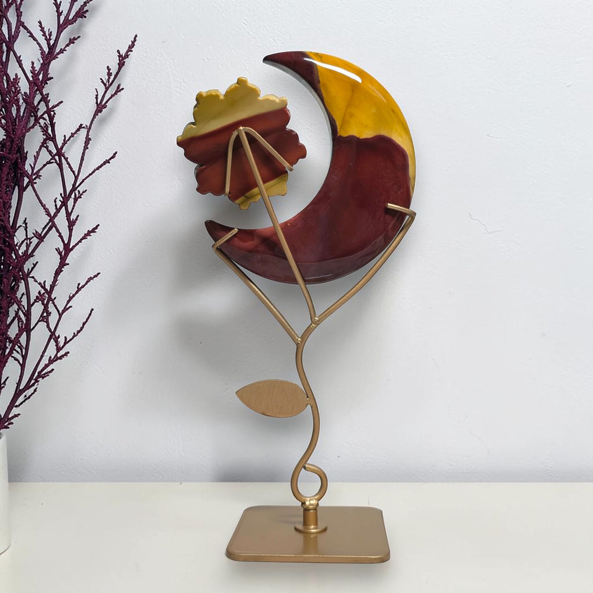 Back view of Mookaite Jasper moon and flower display