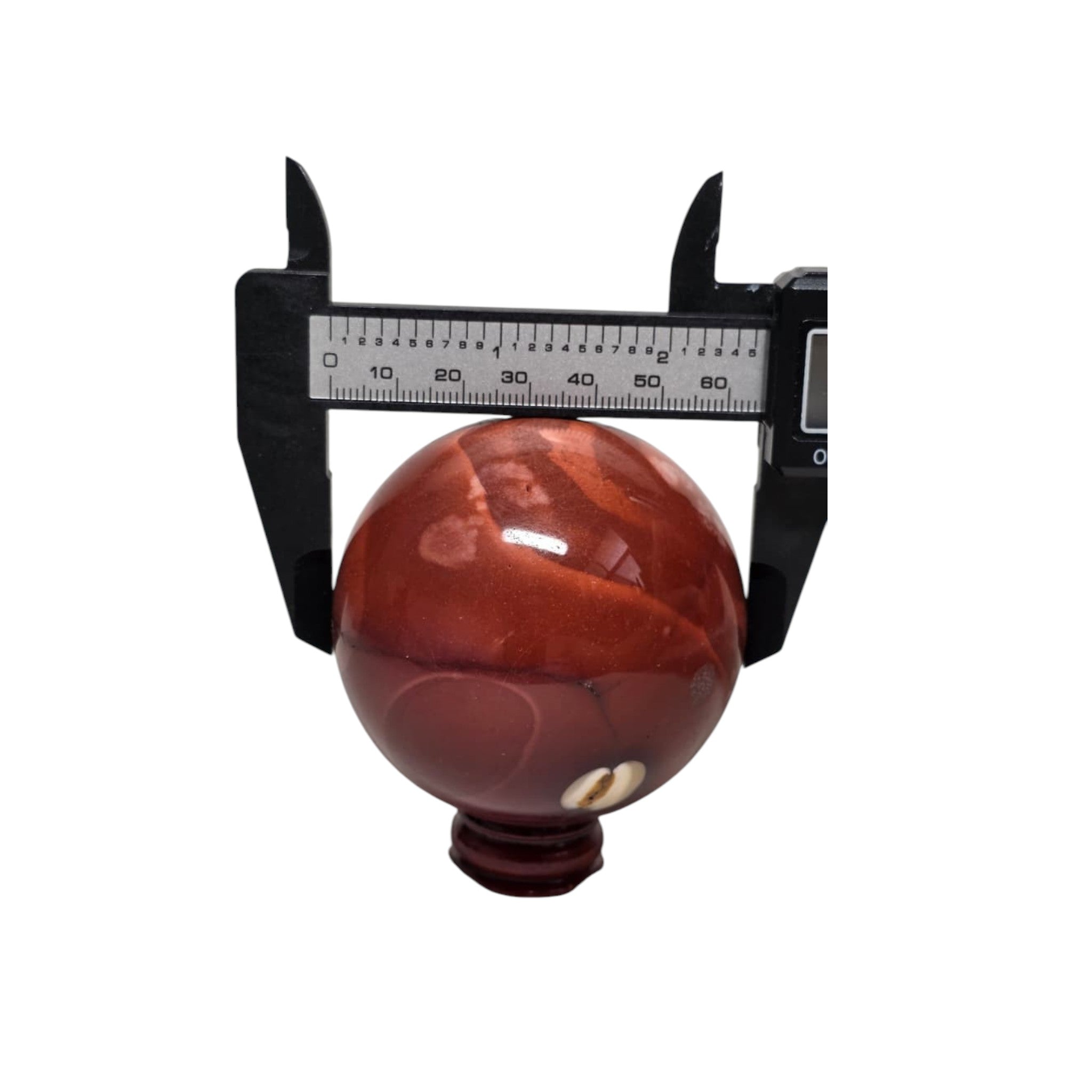 Mookaite jasper sphere measured 65mm, burgundy-red glossy stone on dark stand