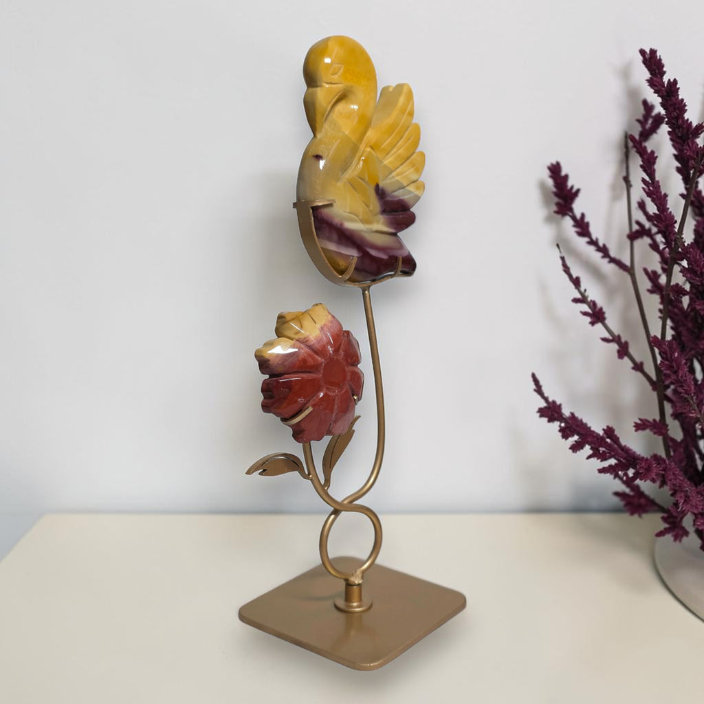 Side view of Mookaite Jasper swan and rose display