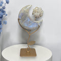 Moonstone crescent moon and carved flower crystal display