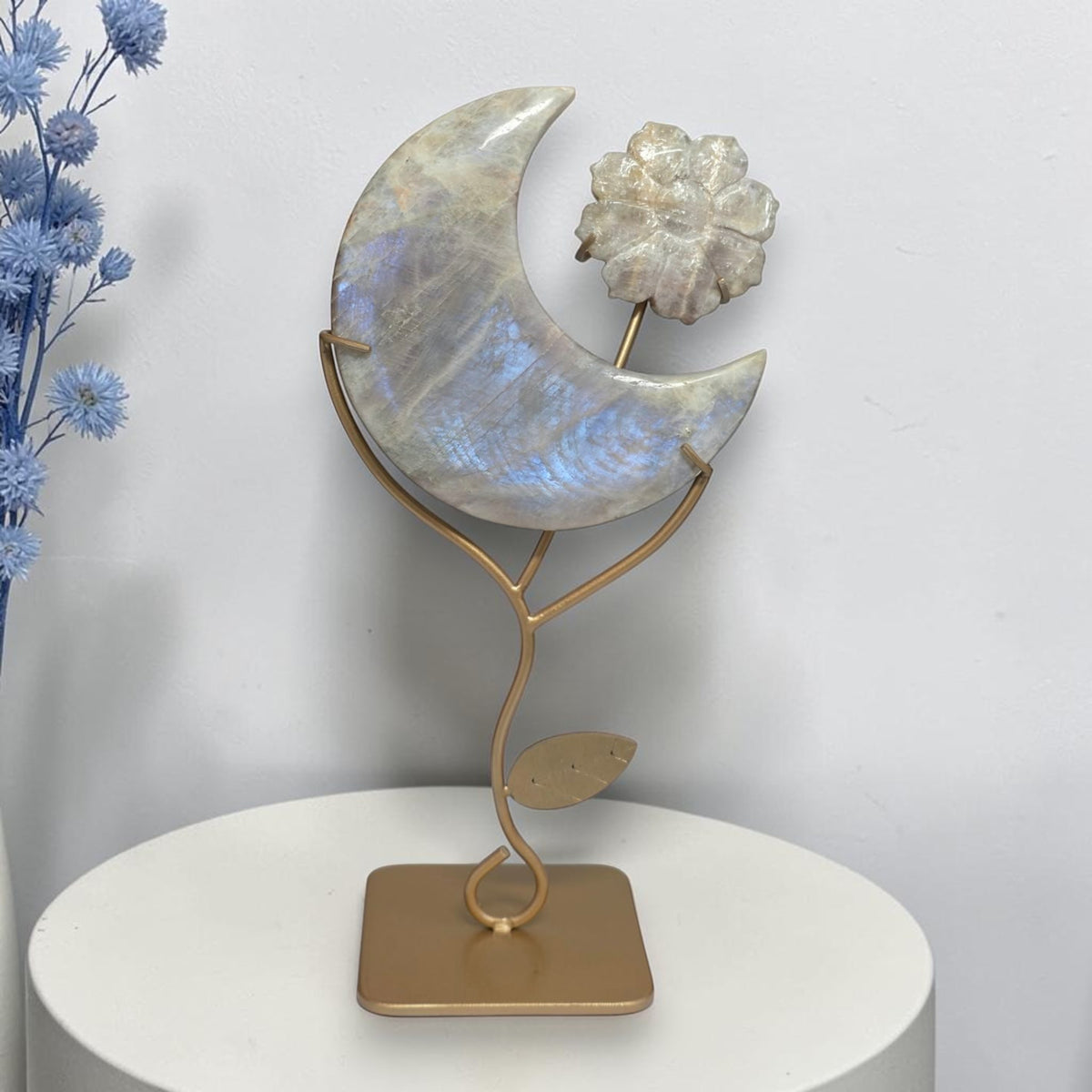 Moonstone crescent moon and carved flower crystal display