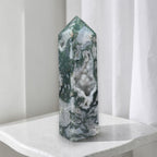 Green moss agate drusy tower with white crystal clusters, standing on shelf