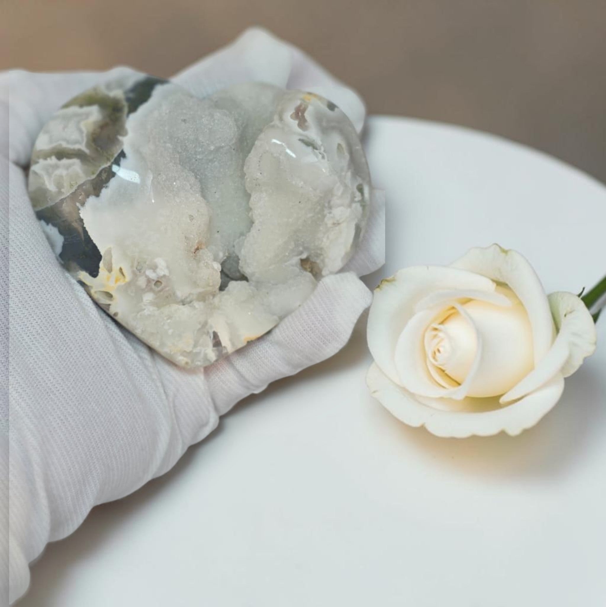 Mineral sample held by a gloved hand next to a white rose on a white surface