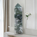 Tall green moss agate druzy crystal tower with pointed top and white geode patches