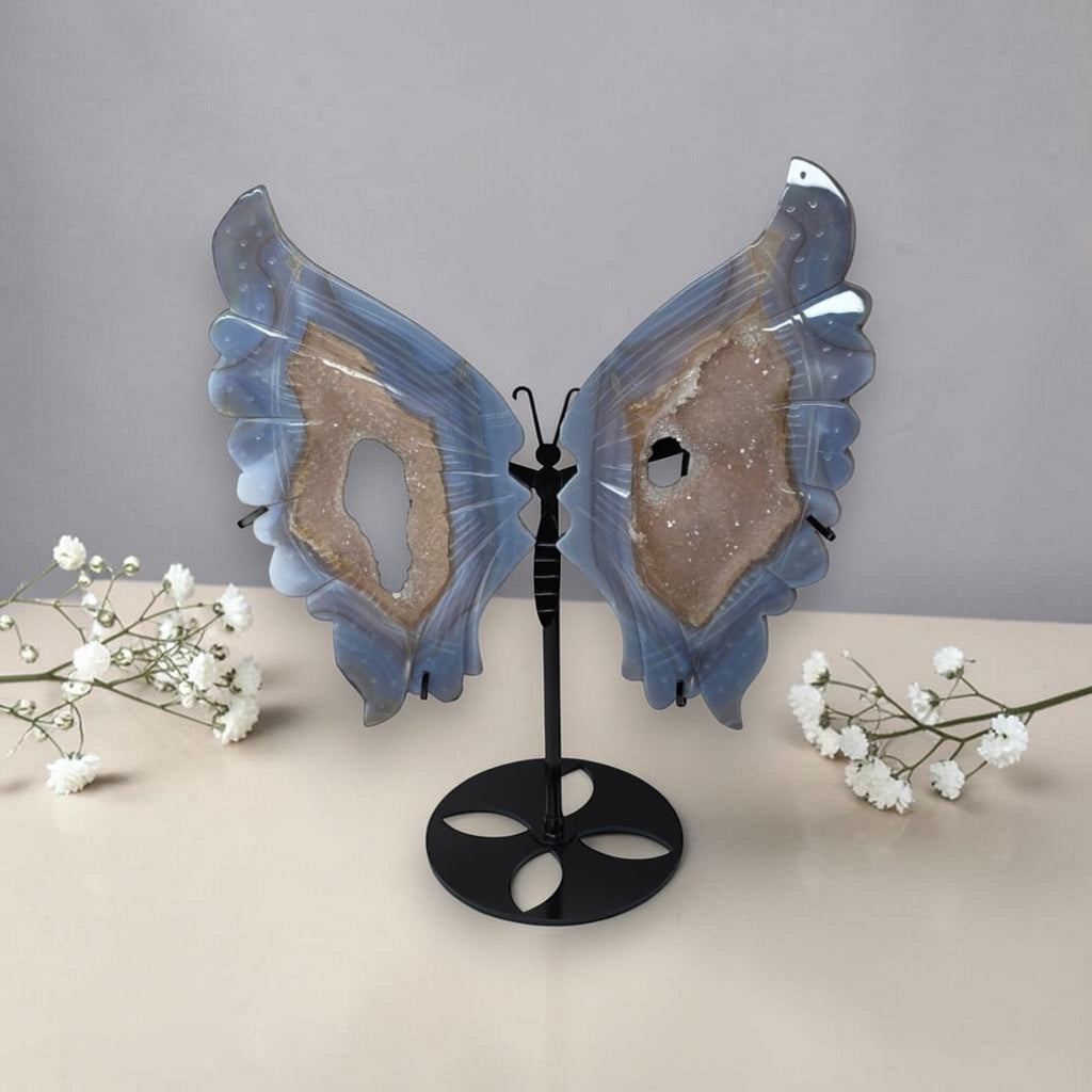 Blue agate butterfly wings crystal sculpture on black display stand