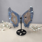 Blue agate butterfly wings crystal sculpture on black display stand