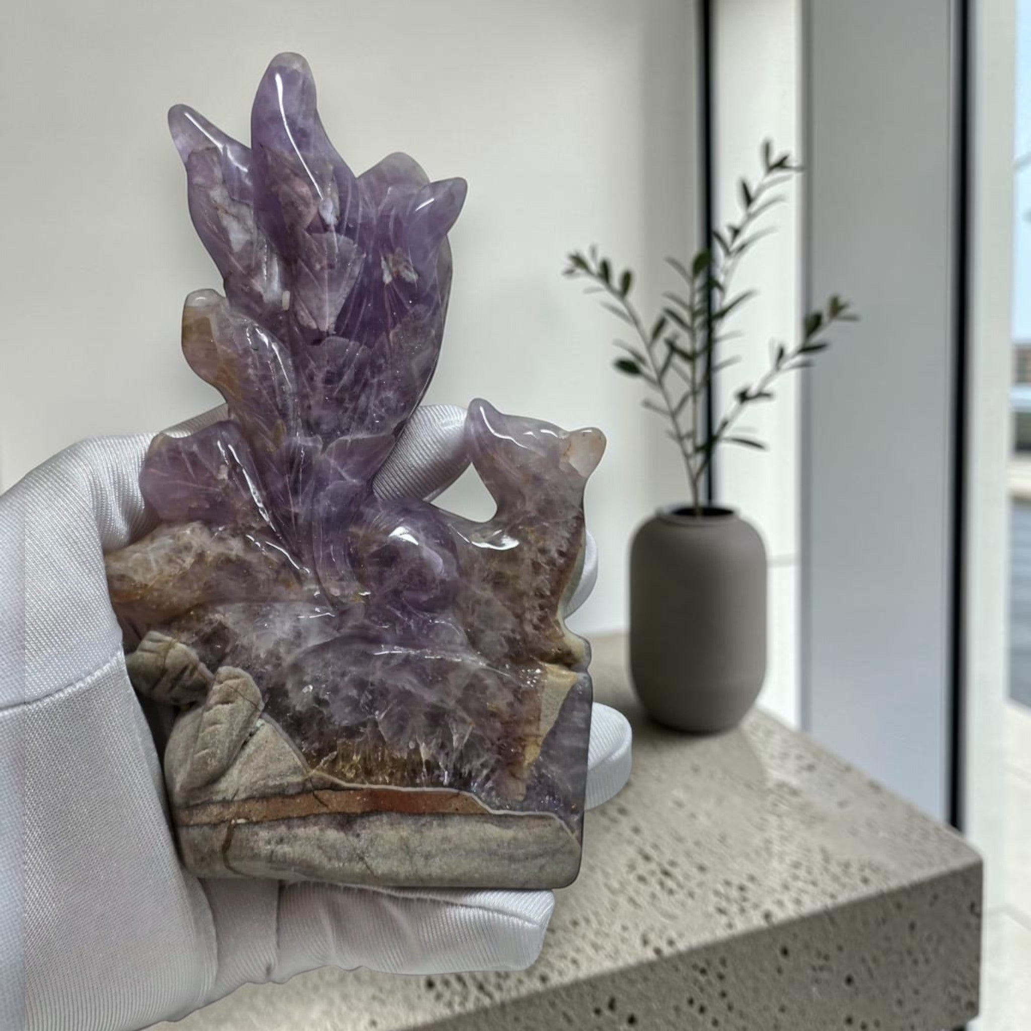 Amethyst Nine Tails Fox Kitsune held in gloved hand showing size