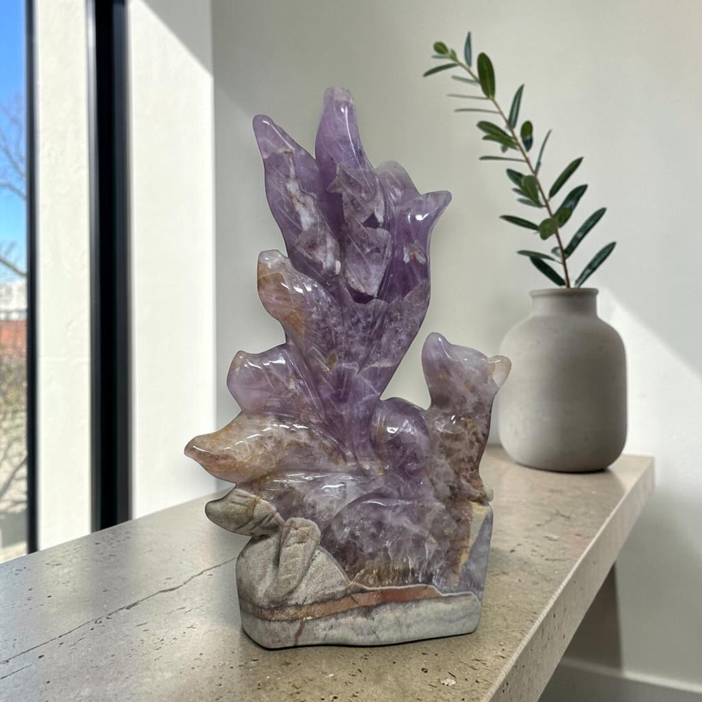 Amethyst Nine Tails Fox Kitsune displayed as home decor on shelf