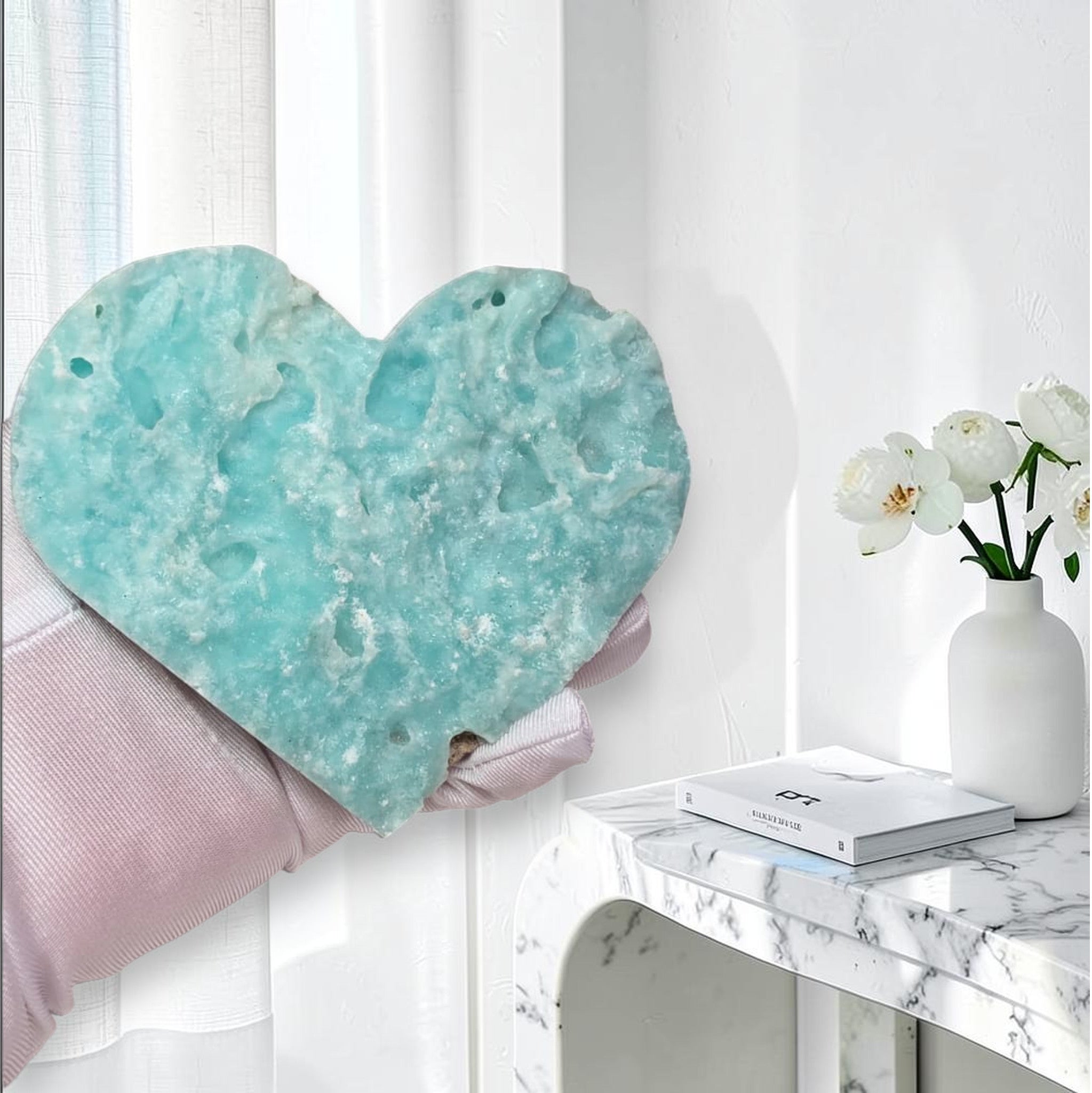 Blue hemimorphite heart druzy crystal close up