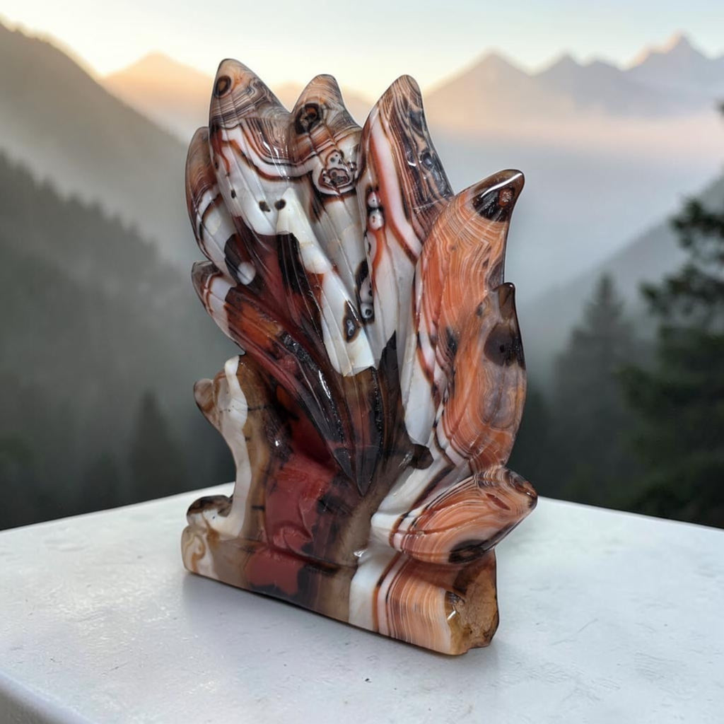 Banded Agate Nine Tails Fox Kitsune carving side view