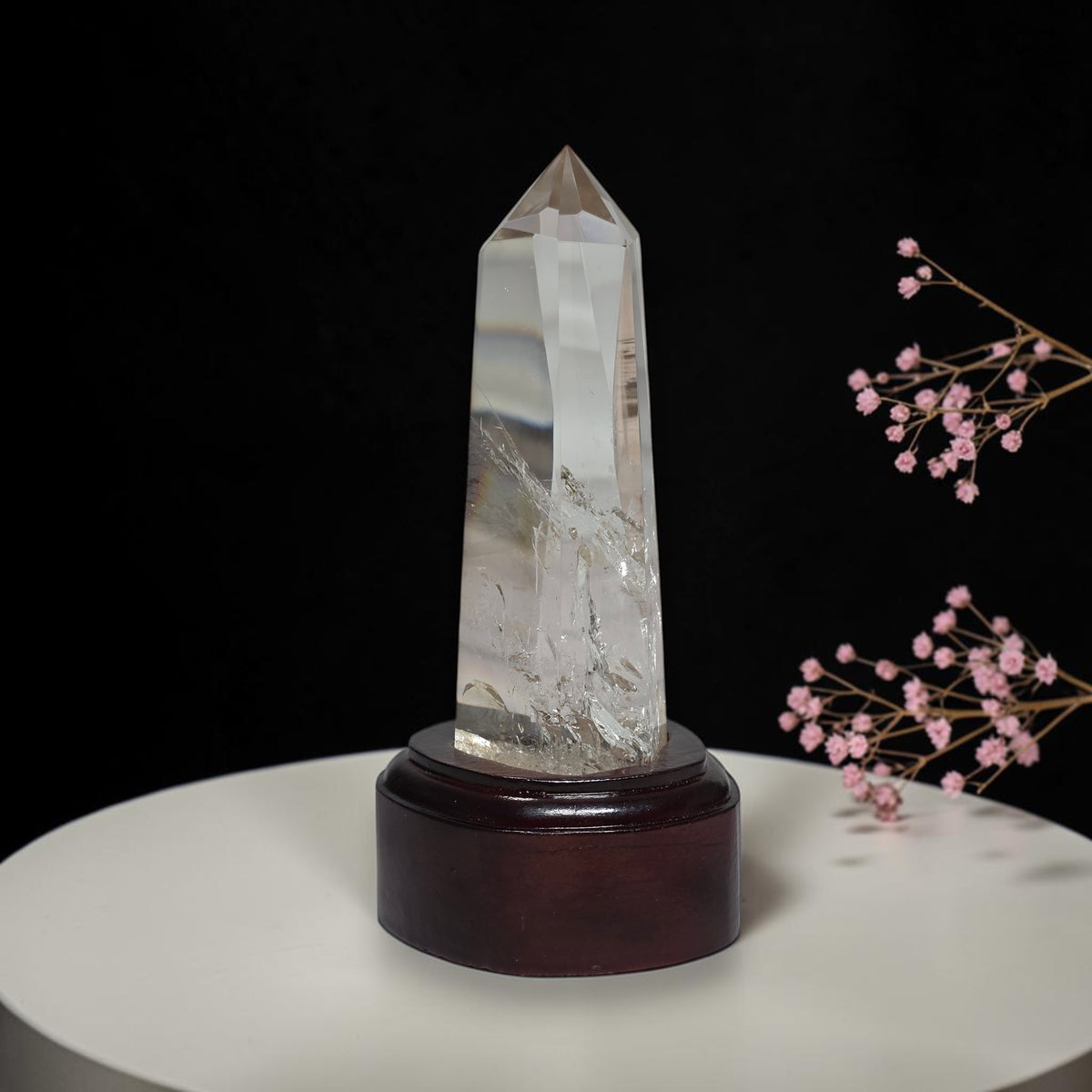 Close view of clear quartz obelisk internal features