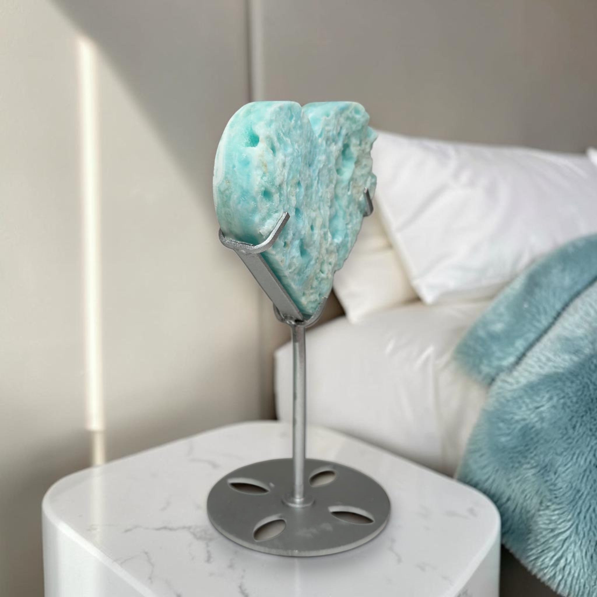 Natural Aqua Hemimorphite Heart side view on stand