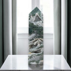 Green moss agate druzy crystal tower with pointed top and layered white bands