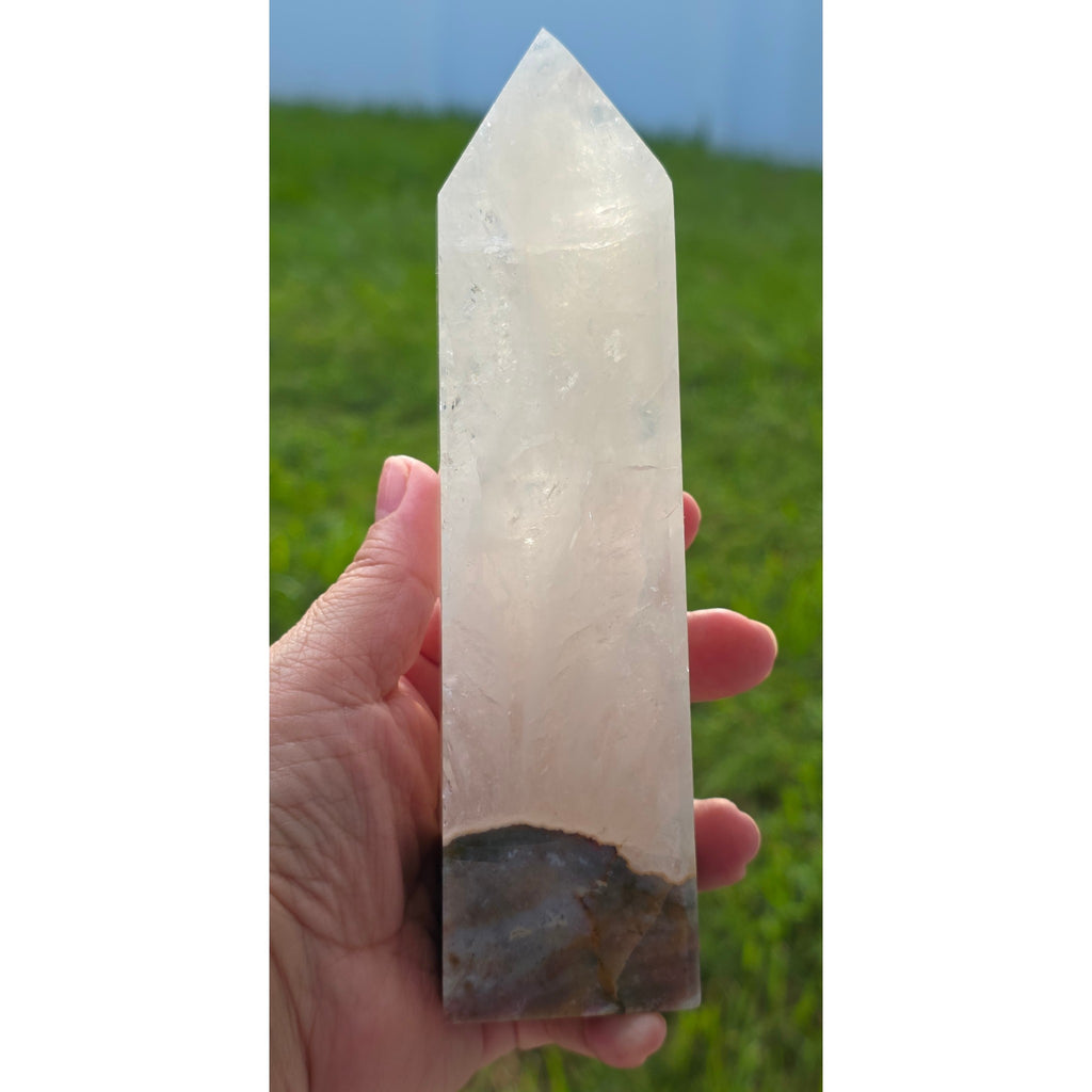 Quartz tower with Ocean Jasper base shown outdoors