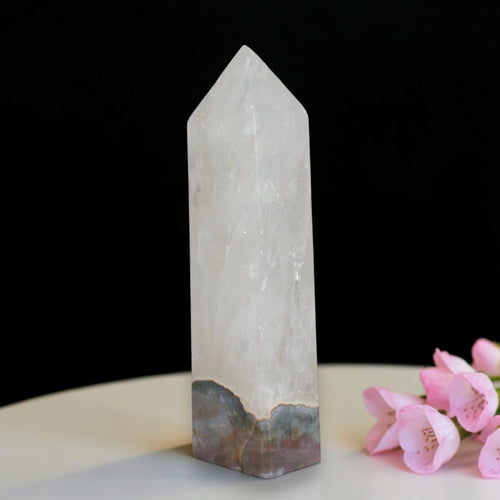 Polished quartz tower with an Ocean Jasper base, front view