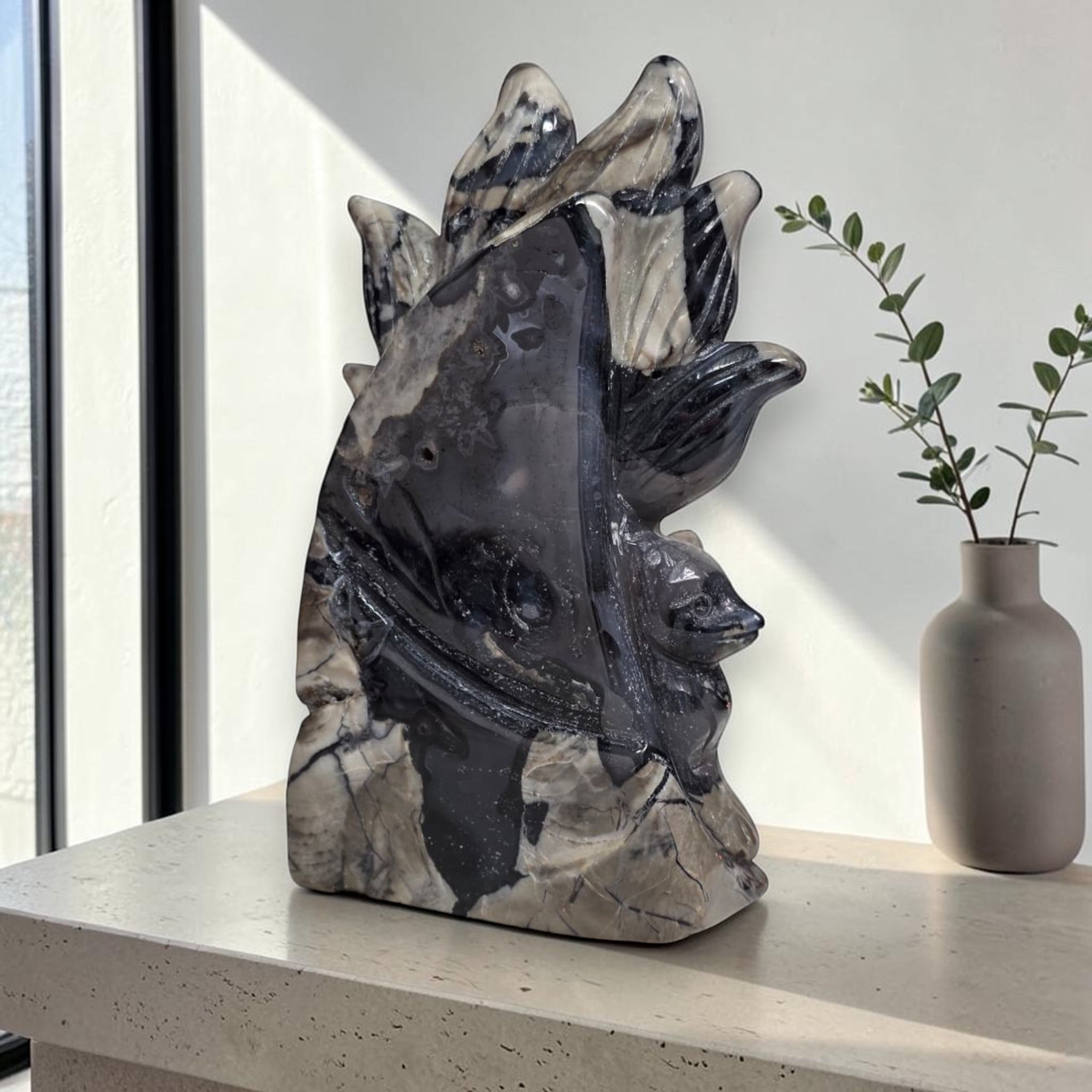Natural Volcano Agate Fox Carving – back angle