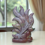Ocean jasper nine-tail fox crystal carving with flowing leaf-like tails on base