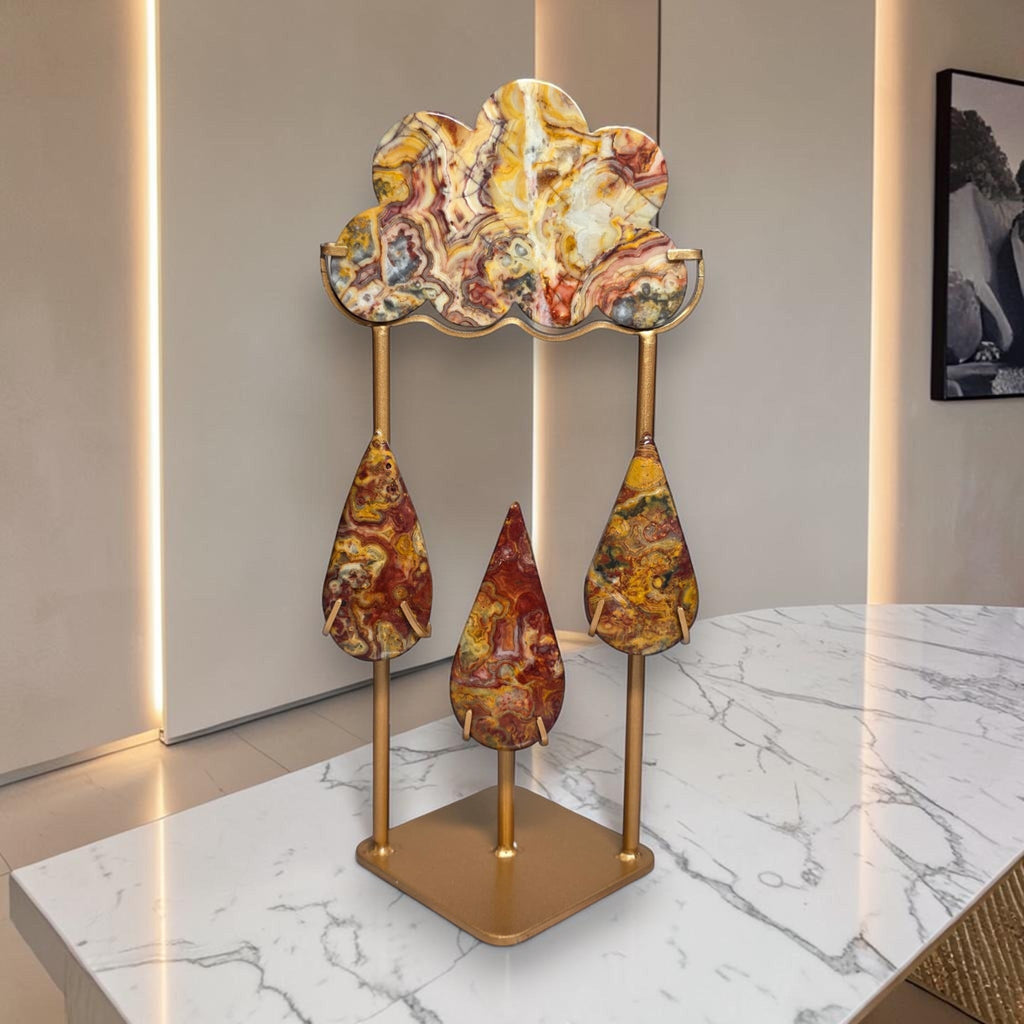 Ocean Jasper Rain Cloud Crystal Sculpture on Gold Stand – One of a Kind