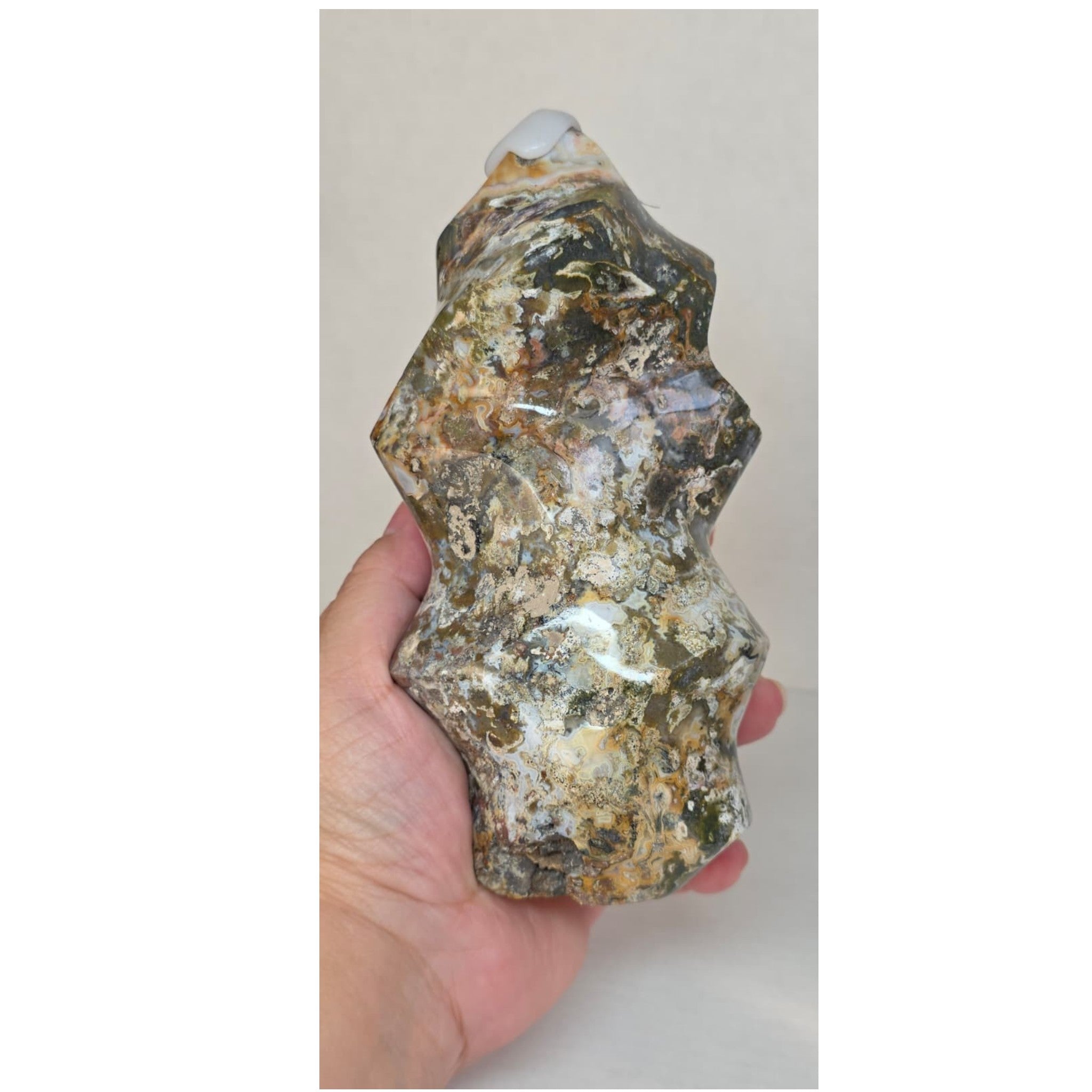 Hand holding a large, rough-textured stone against a plain background