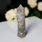 Ocean jasper statement tower, faceted midsection with layered carved lines
