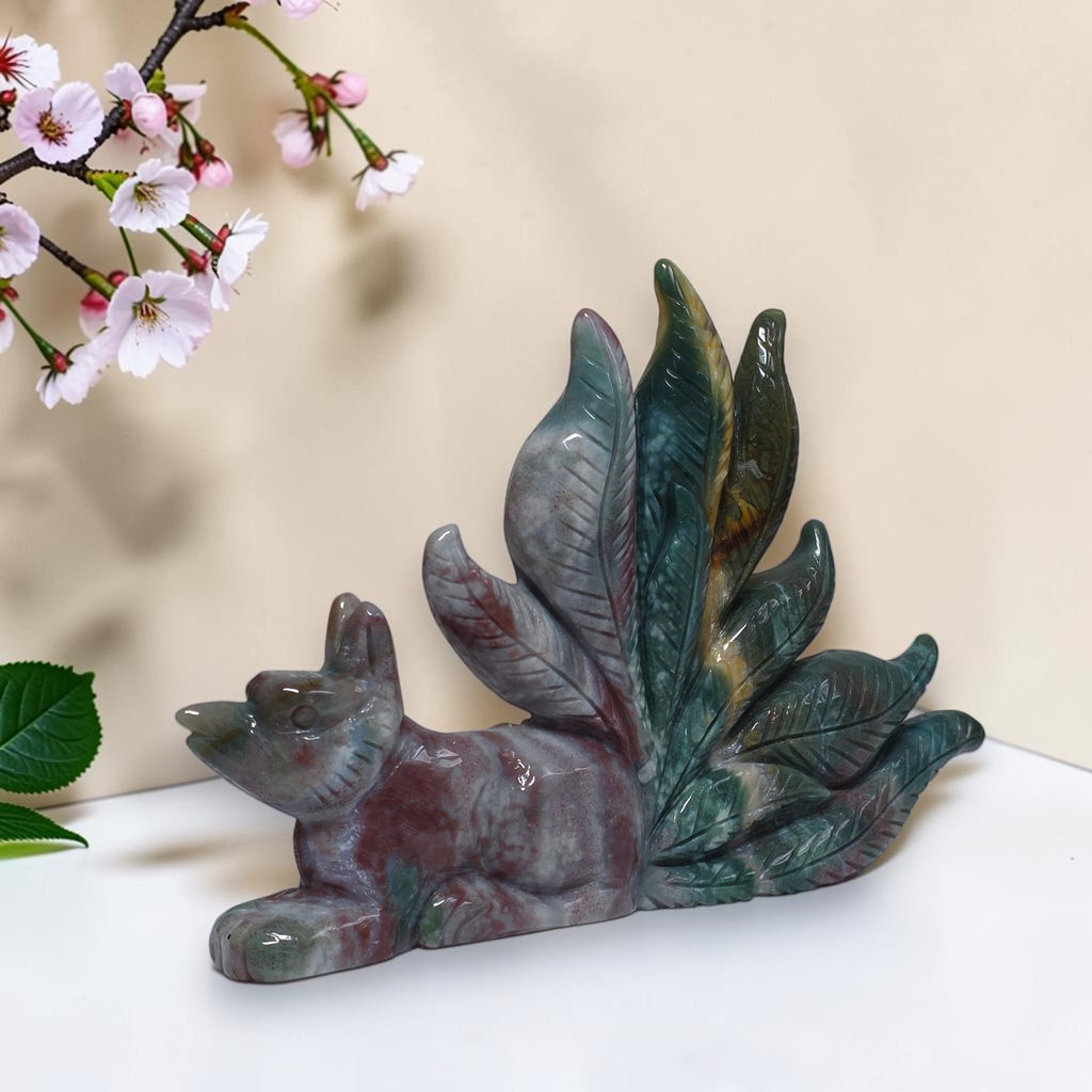 Ocean jasper nine tailed fox polished carving detail