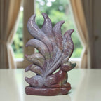 Ocean jasper nine-tail fox crystal carving with tall leaf-like tails and carved base