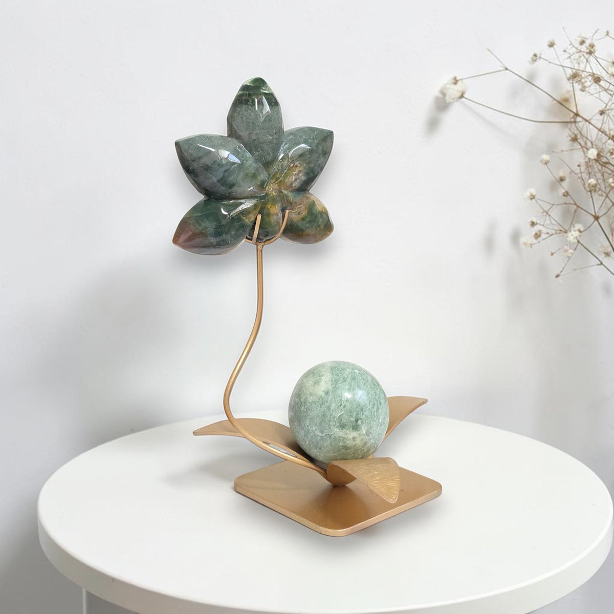 Ocean Jasper orchid sculpture styled with sphere sold separately