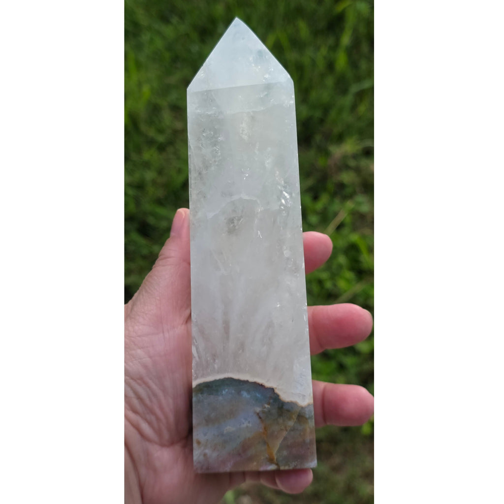 Quartz tower with Ocean Jasper base shown in hand