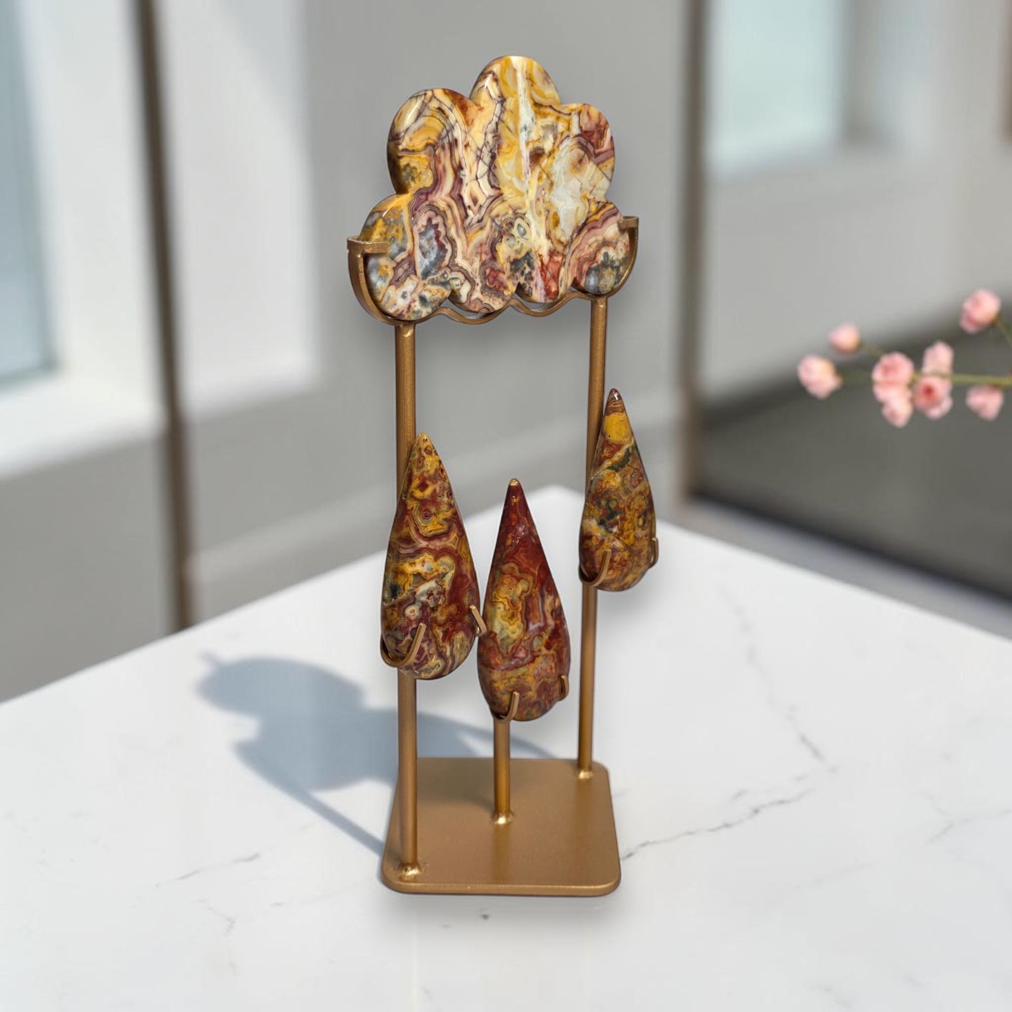 Ocean Jasper Rain Cloud Crystal Sculpture on Gold Stand – One of a Kind