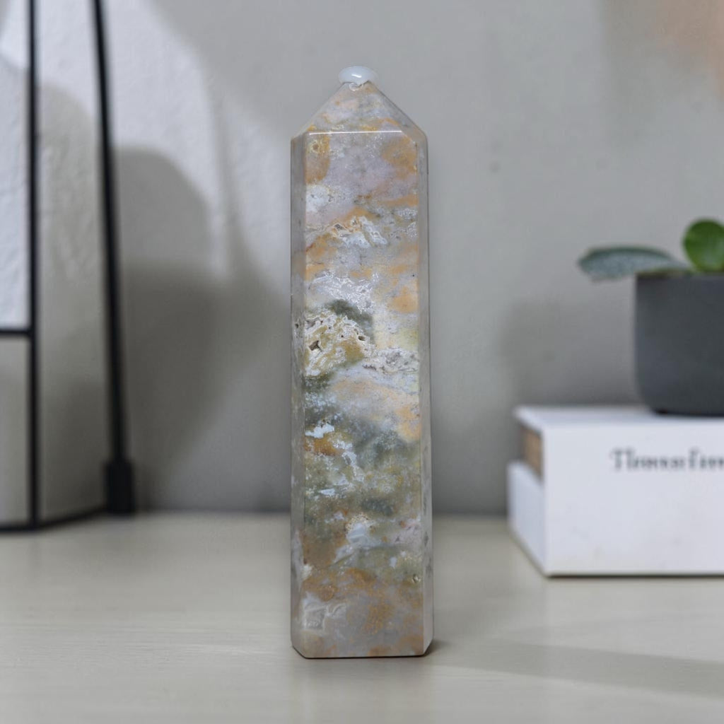 Ocean jasper tall carving tower with octagonal top and carved horizontal bands