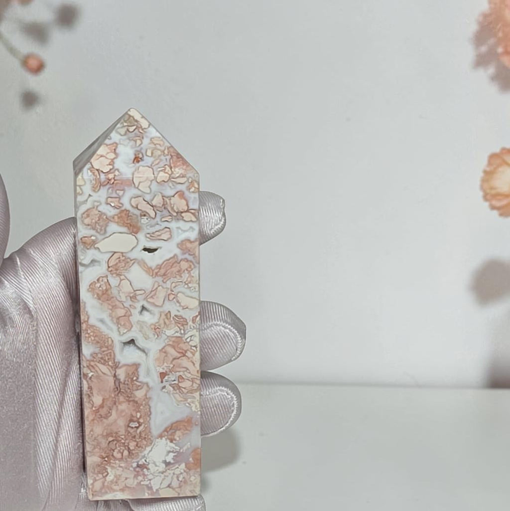 Square Pink Flower Agate Tower with blush pink and cream cotton candy patterns