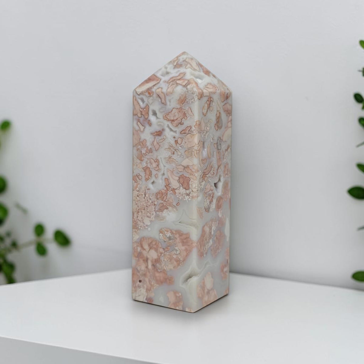Side view of square Cotton Candy Agate tower