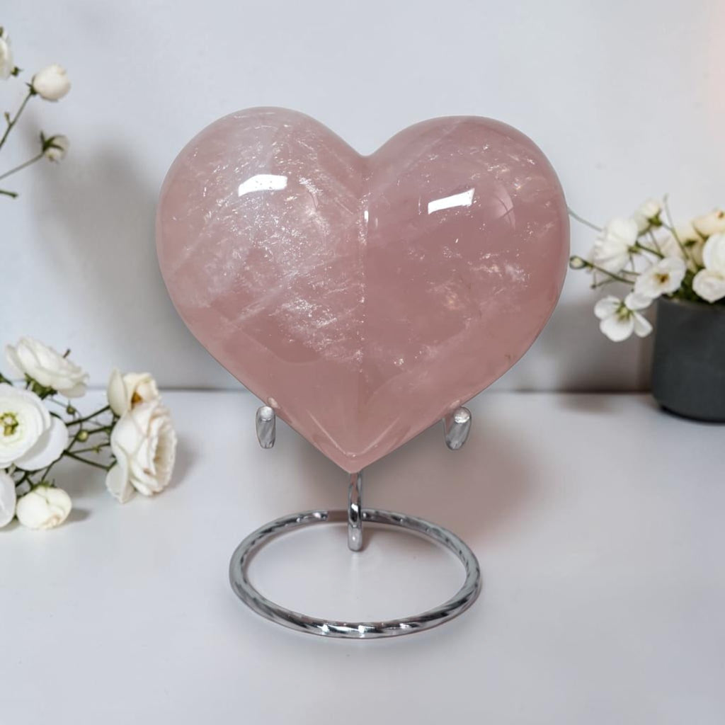 Large Rose Quartz Heart – Puffy Polished Crystal Carving, 3.7" Wide