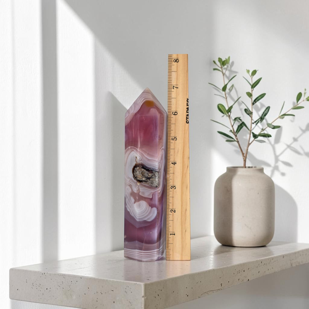 Pink and purple agate crystal tower with pointed top and druzy pocket detail