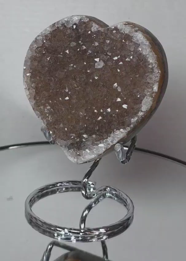 Amethyst Druzy Heart – Warm Brown Geode Crystal Carving, 3.3" Wide
