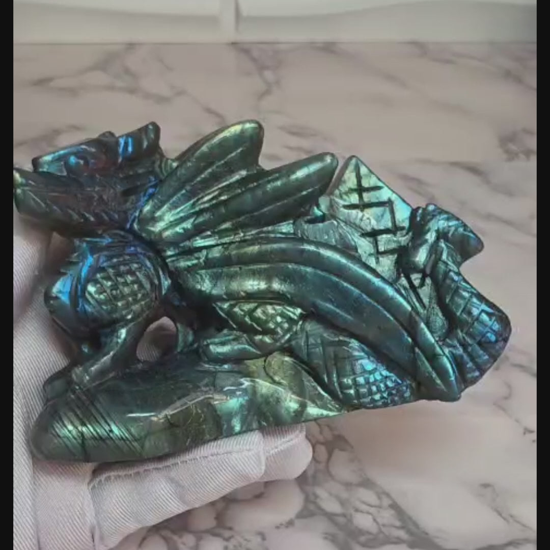 Blue Green Flash Labradorite Dragon Carving