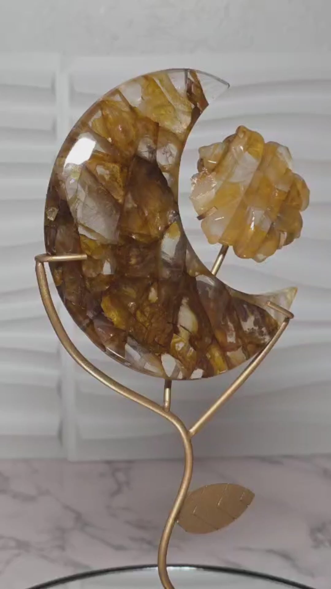 Golden Healer Crescent Moon Sculpture with Flower