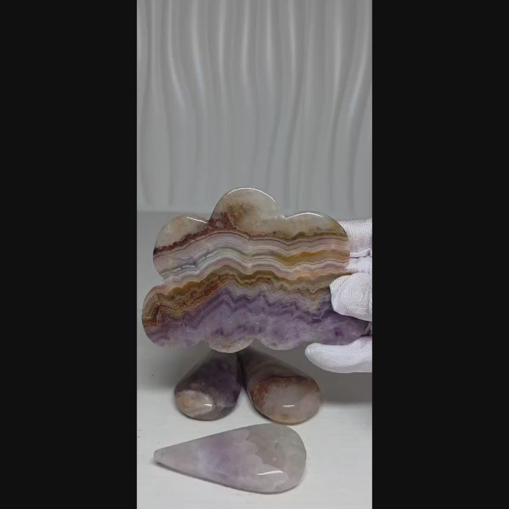 Amethyst Lace Agate Cloud & Raindrops Sculpture on Stand, 11.3"