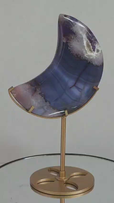 Blue Flower Agate Moon on Gold Stand