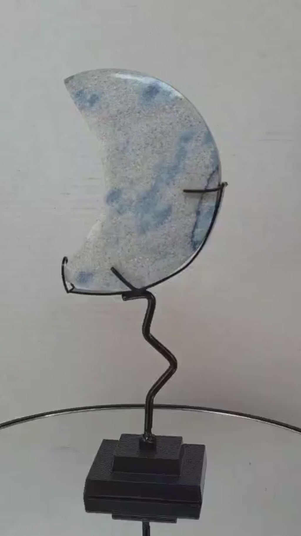 K2 Jasper Crescent Moon Crystal Carving on Stand | Blue Azurite Granite Decor