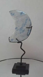 K2 Jasper Crescent Moon Crystal Carving on Stand | Blue Azurite Granite Decor