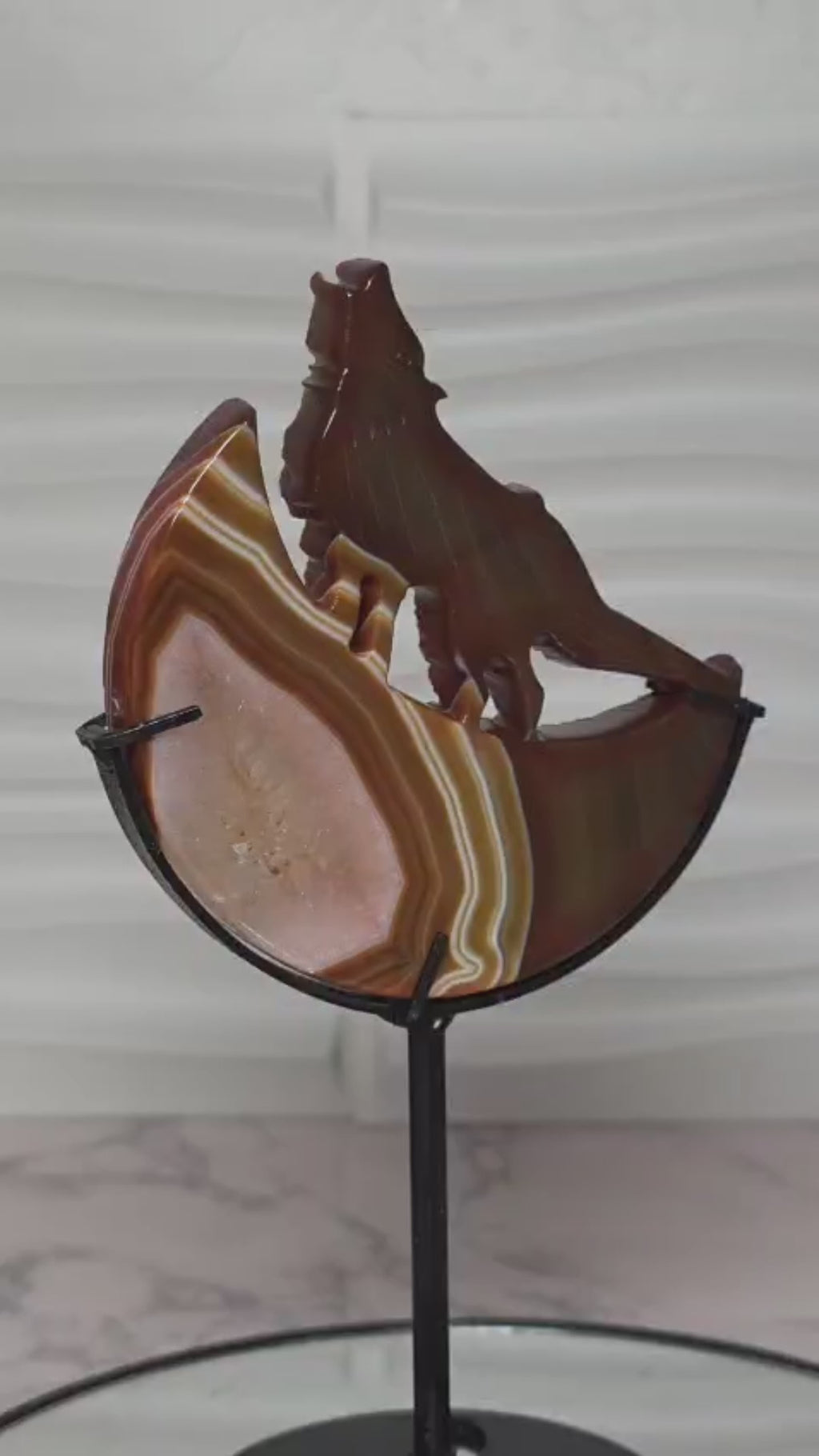 Carnelian Agate Wolf Moon Carving with Stand