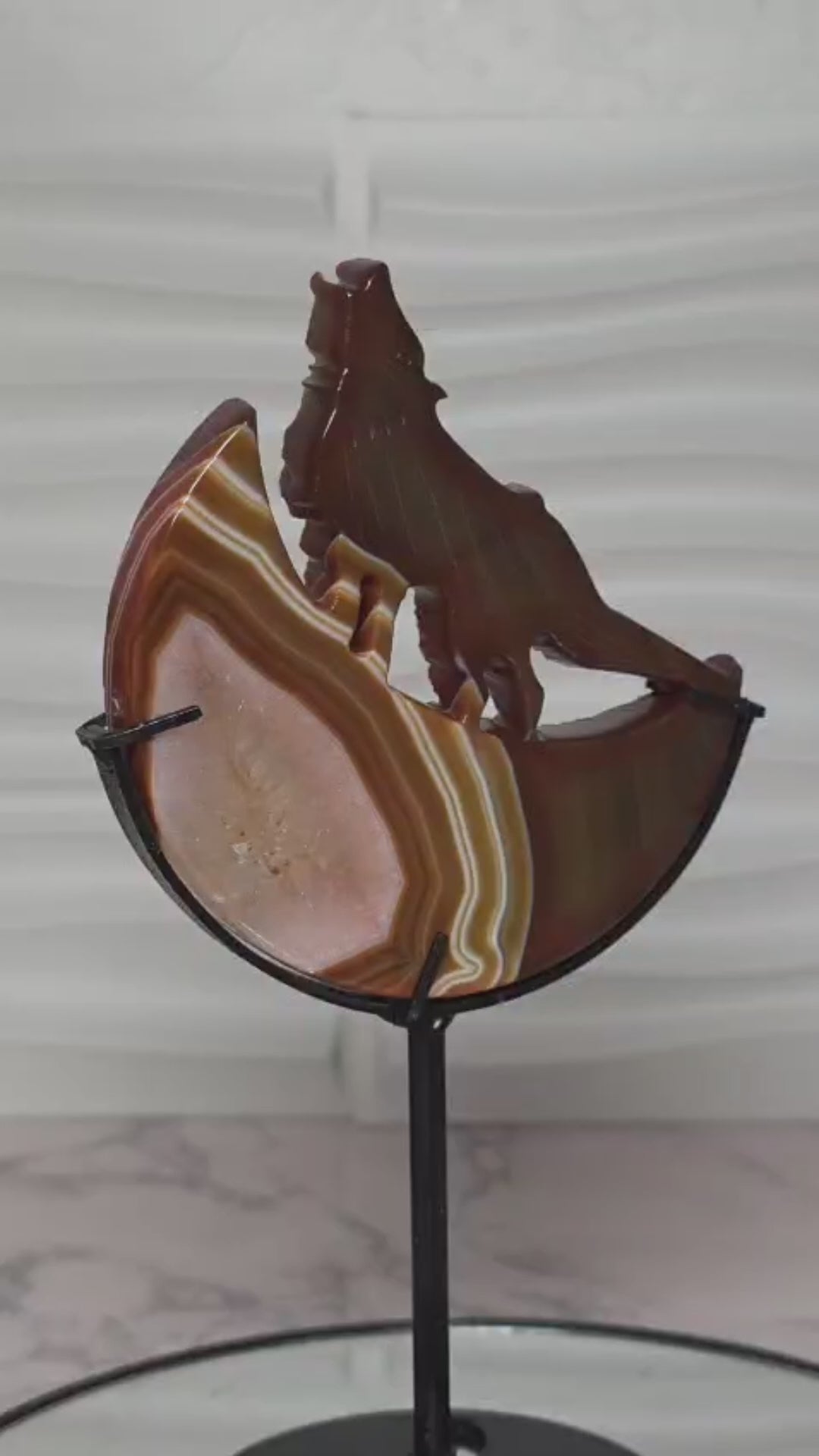 Carnelian Agate Wolf Moon Carving with Stand