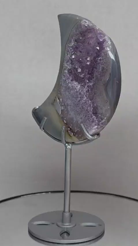 Purple Druzy Agate Crescent Moon Geode on Stand