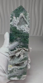 Moss Agate Druzy Tower Crystal Point Green Agate